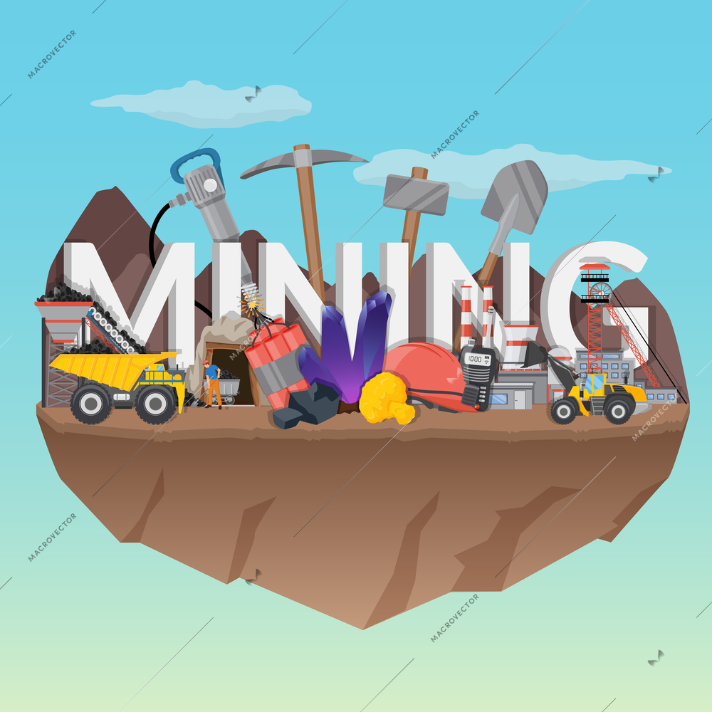 Mining flat composition with typographic lettering, equipment and machineries, workers, plant on blue sky background vector illustration