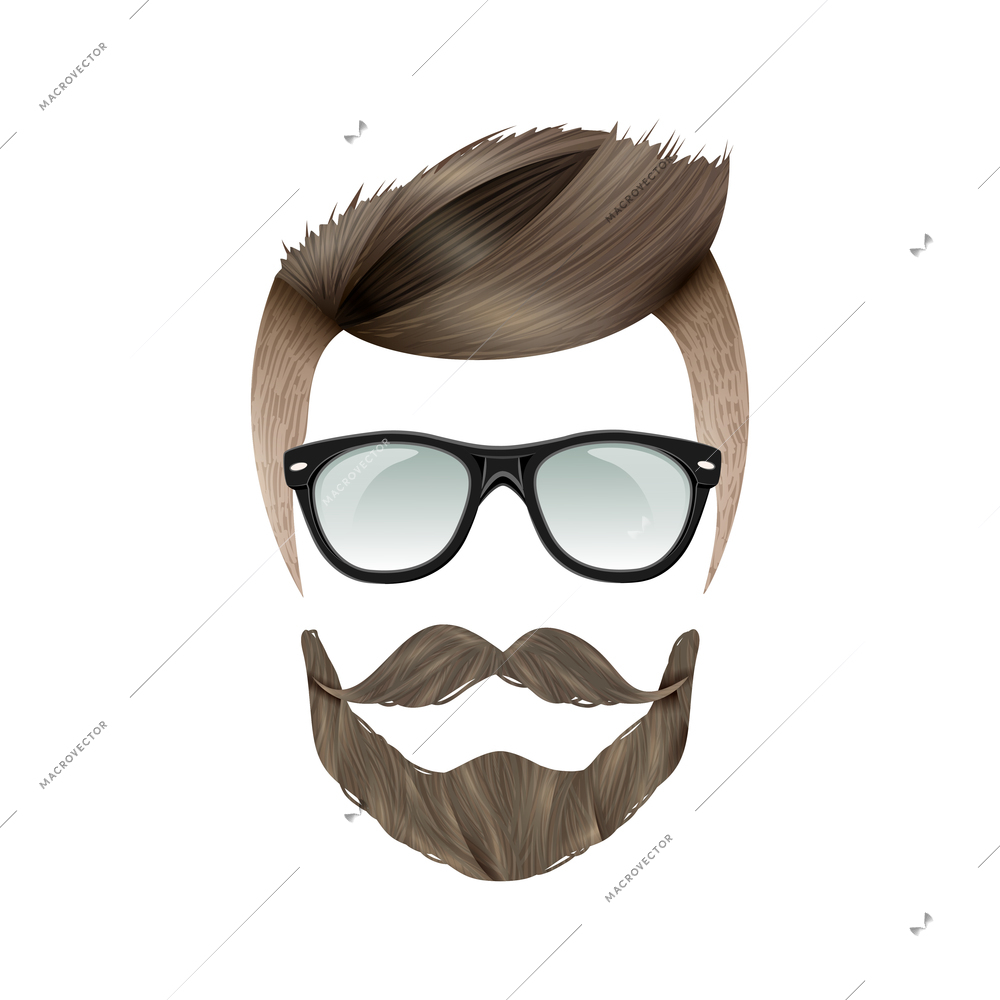 Realistic hipster brunet man with trendy hairstyle beard moustache and glasses on white background flat vector illustration