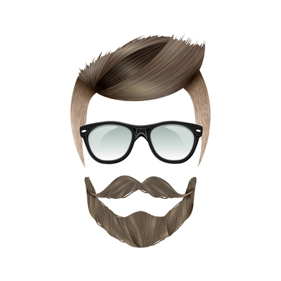 Realistic hipster brunet man with trendy hairstyle beard moustache and glasses on white background flat vector illustration