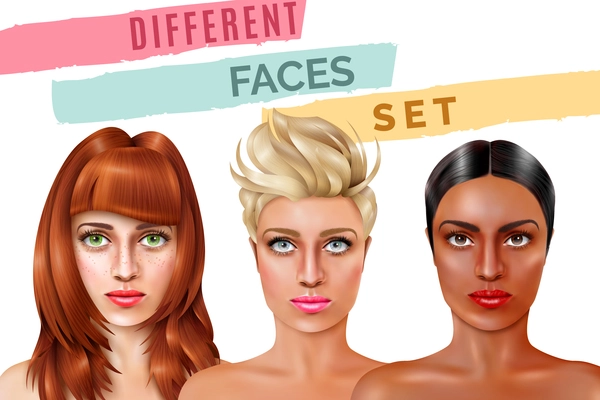 Model faces of pretty women with different haircuts and complexion on white background realistic vector illustration