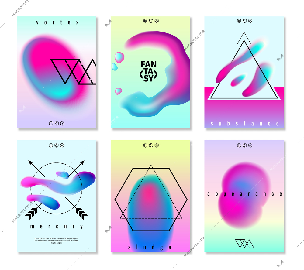 Flat set of six fantasy poster banners with colorful vibrant gradient elements and shapes isolated vector illustration