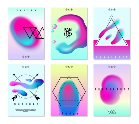 Flat set of six fantasy poster banners with colorful vibrant gradient elements and shapes isolated vector illustration