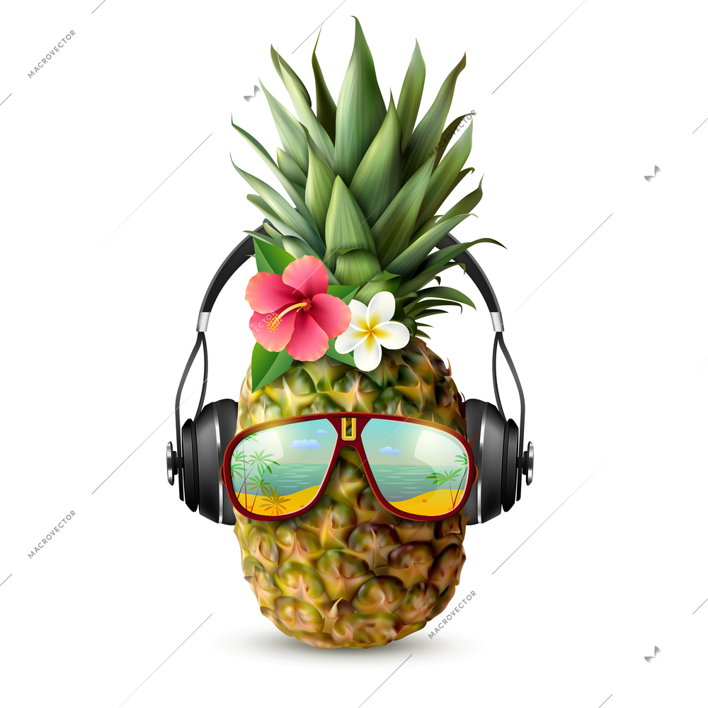 Realistic concept with pineapple decorated with trendy accessories glasses headphones and flowers on white background vector illustration
