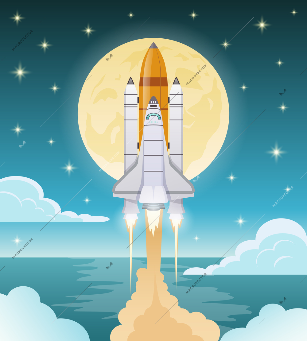 Space exploration flat composition with shuttle launch on blue background with glowing moon and stars vector illustration