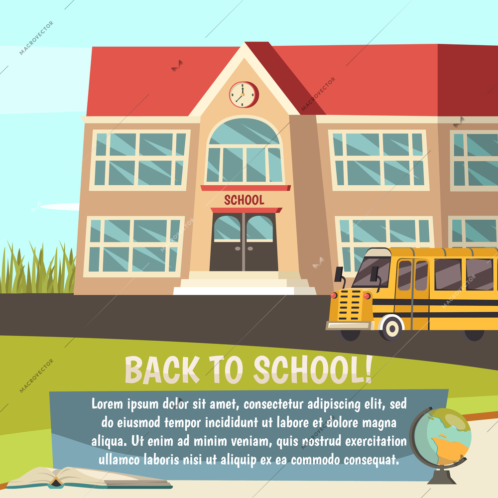 School colored orthogonal concept with back to school description and institution building vector illustration