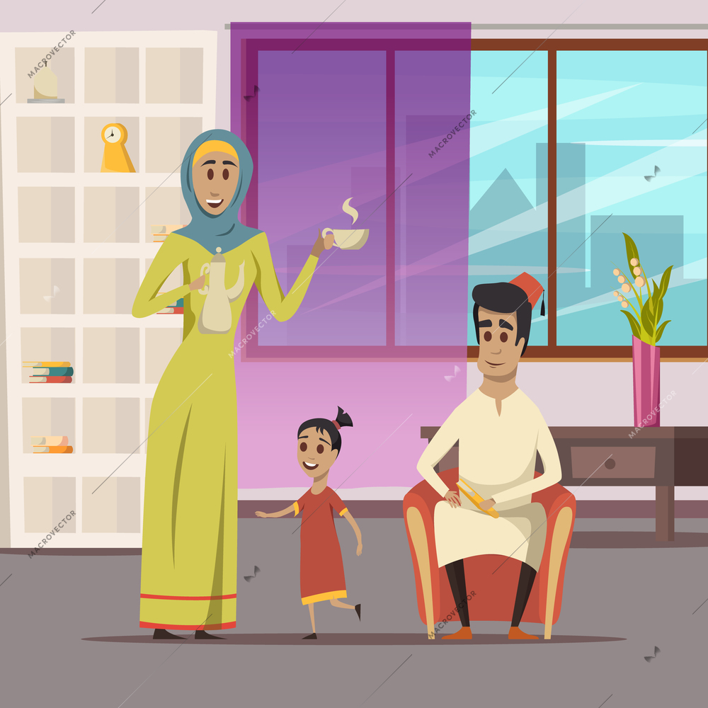 Arabic family background with wife husband and child at home flat vector illustration