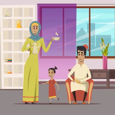 Arabic family background with wife husband and child at home flat vector illustration