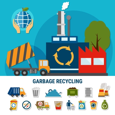 Garbage flat emoji icons collection with pictograms and composition of waste recycling plant and rubbish truck images vector illustration