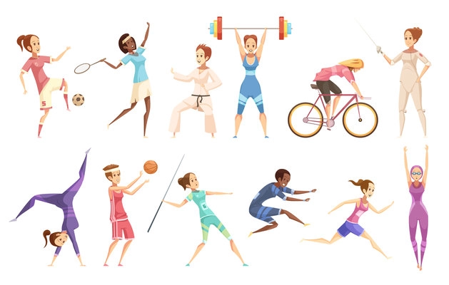 Sportswoman retro cartoon set of isolated female characters doing different kinds of sport on blank background vector illustration