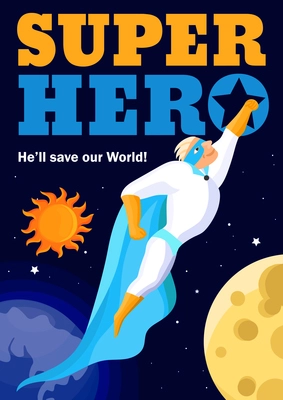 Superhero in light costume in outer space, poster with sun and moon on black background vector illustration
