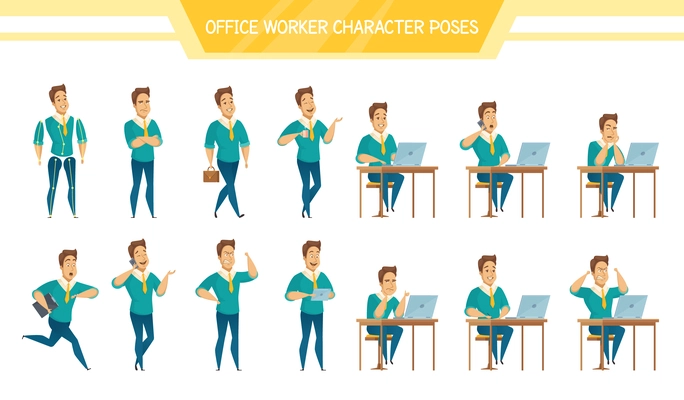 Male office worker poses sitting at computer standing with tablet having coffee brake cartoon characters set vector illustration