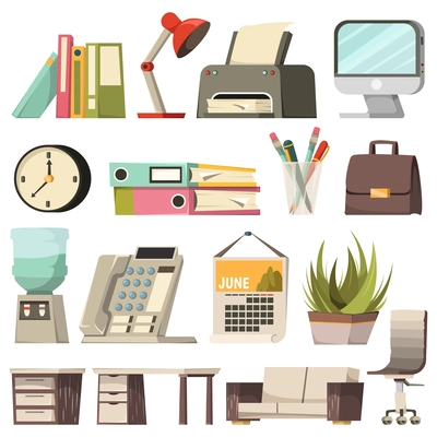 Office orthogonal icon set with elements and tools of work desk and cabinet vector illustration