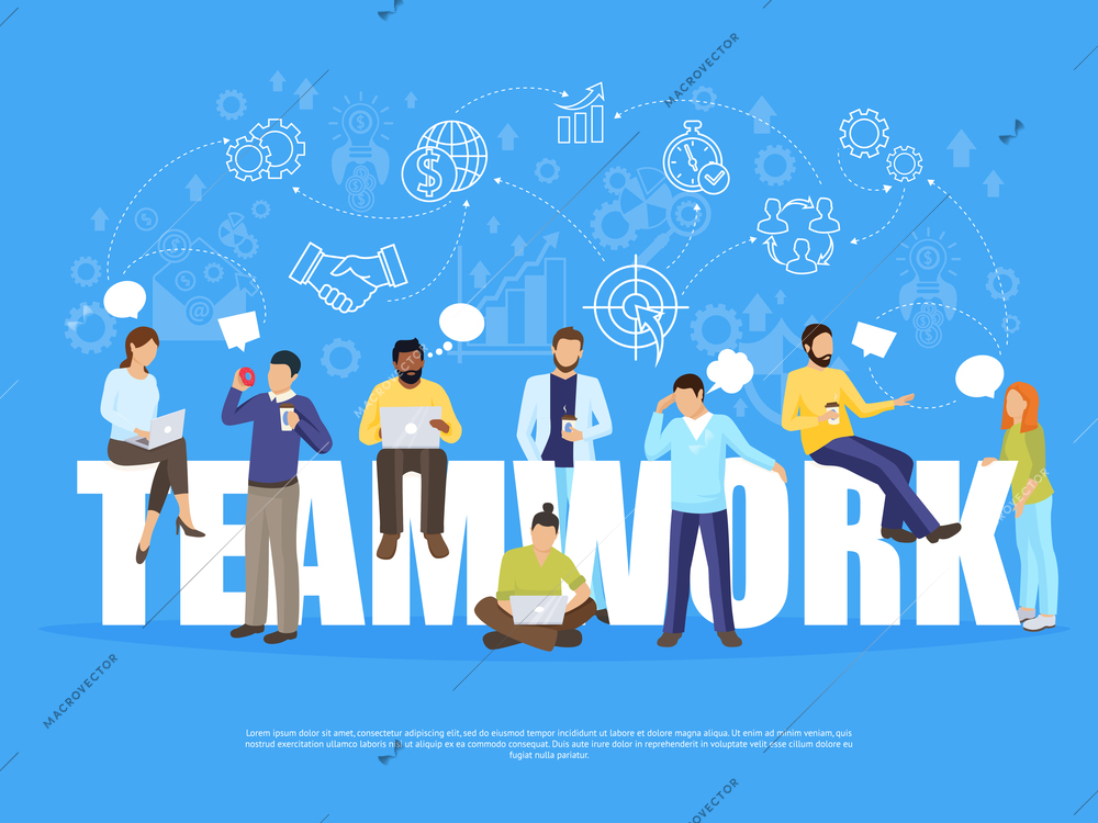 Teamwork concept with coworking and office work symbols flat vector illustration