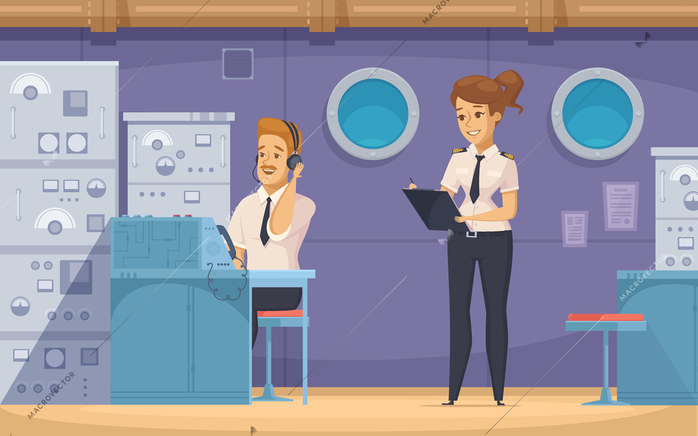 Cruise liner yacht ship crew members at work with   technical officer and chief mate cartoon banner vector illustration