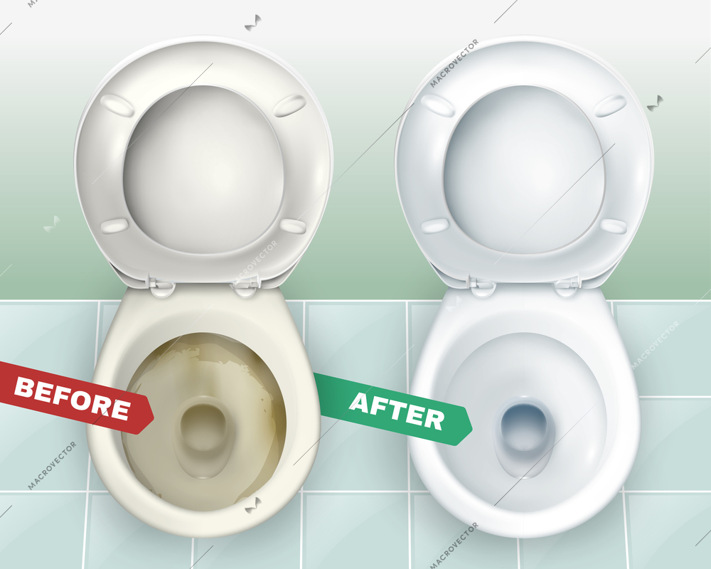 Realistic dirty and clean toilets composition representing two lavatory bowls before and after applying toilet bowl cleaner vector illustration