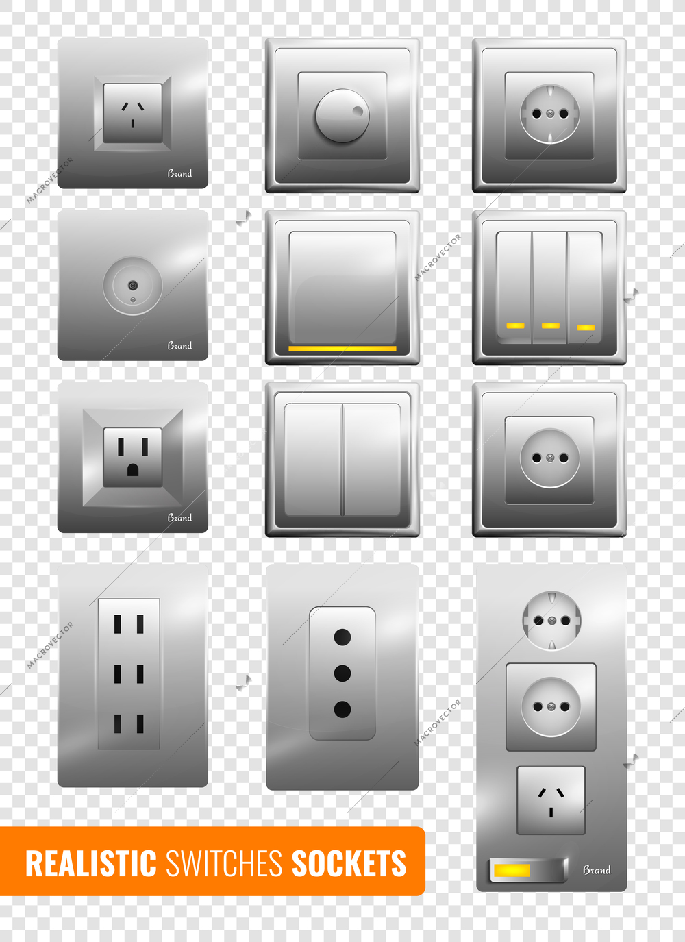 Set of realistic wall electrical switches and sockets with reflection on transparent background isolated vector illustration