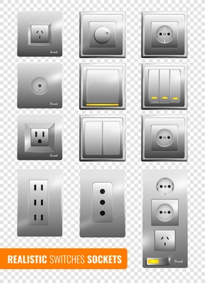 Set of realistic wall electrical switches and sockets with reflection on transparent background isolated vector illustration