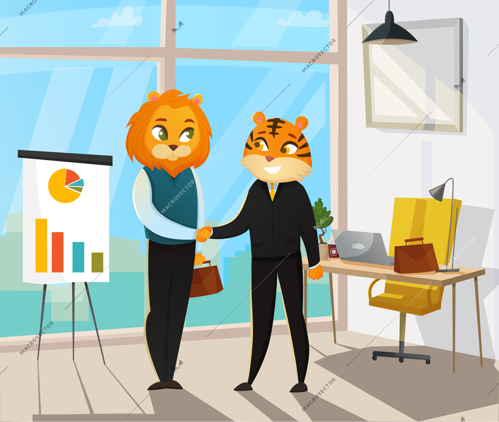 Business animals poster with cat and tiger shake hands after the concluded deal vector illustration