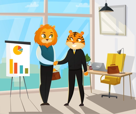 Business animals poster with cat and tiger shake hands after the concluded deal vector illustration