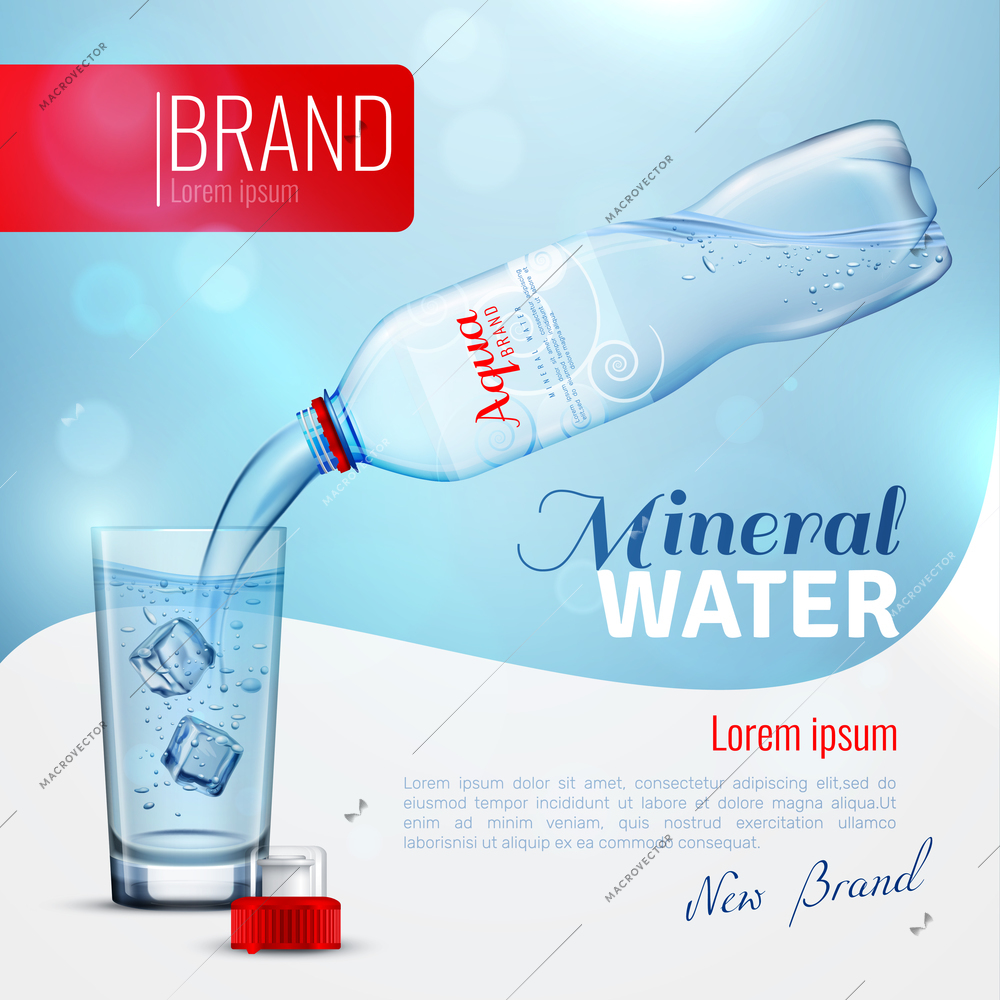 Mineral water advertising brand poster with stream of drink from bottle to glass with ice vector illustration