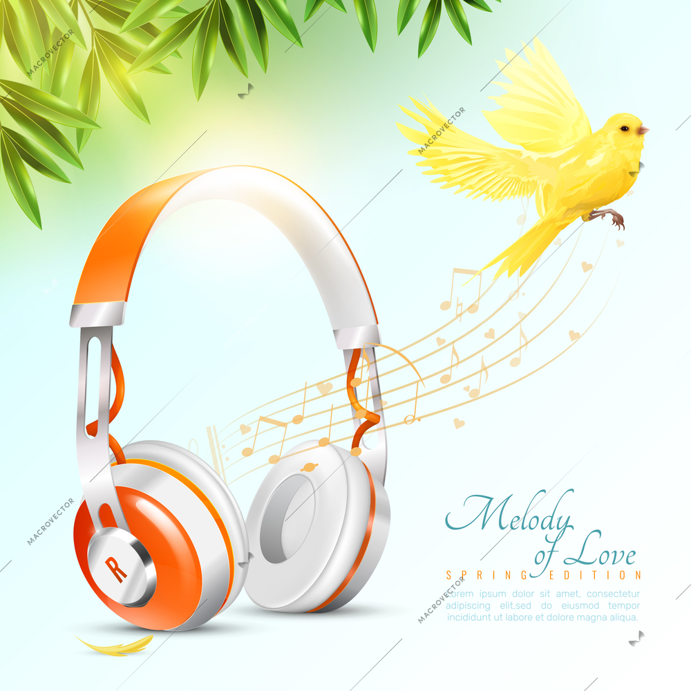 Realistic white orange headphones poster with flying canary, music notes, green leaves on light background vector illustration