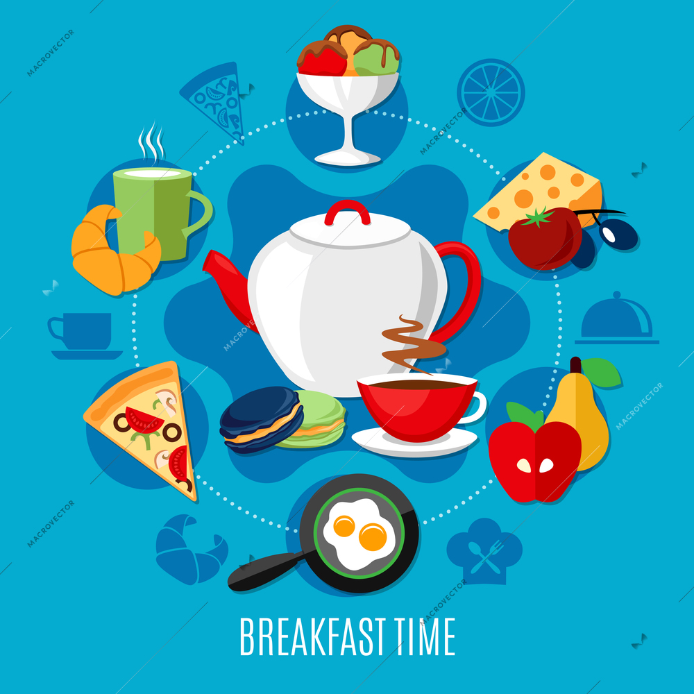 Flat restaurant concept with menu for breakfast on blue background vector illustration