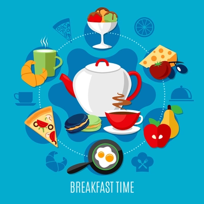 Flat restaurant concept with menu for breakfast on blue background vector illustration