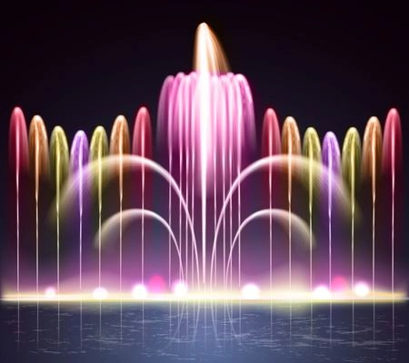 Colorful shining lighted spectrum fountain including combination of streams in night background realistic vector illustration