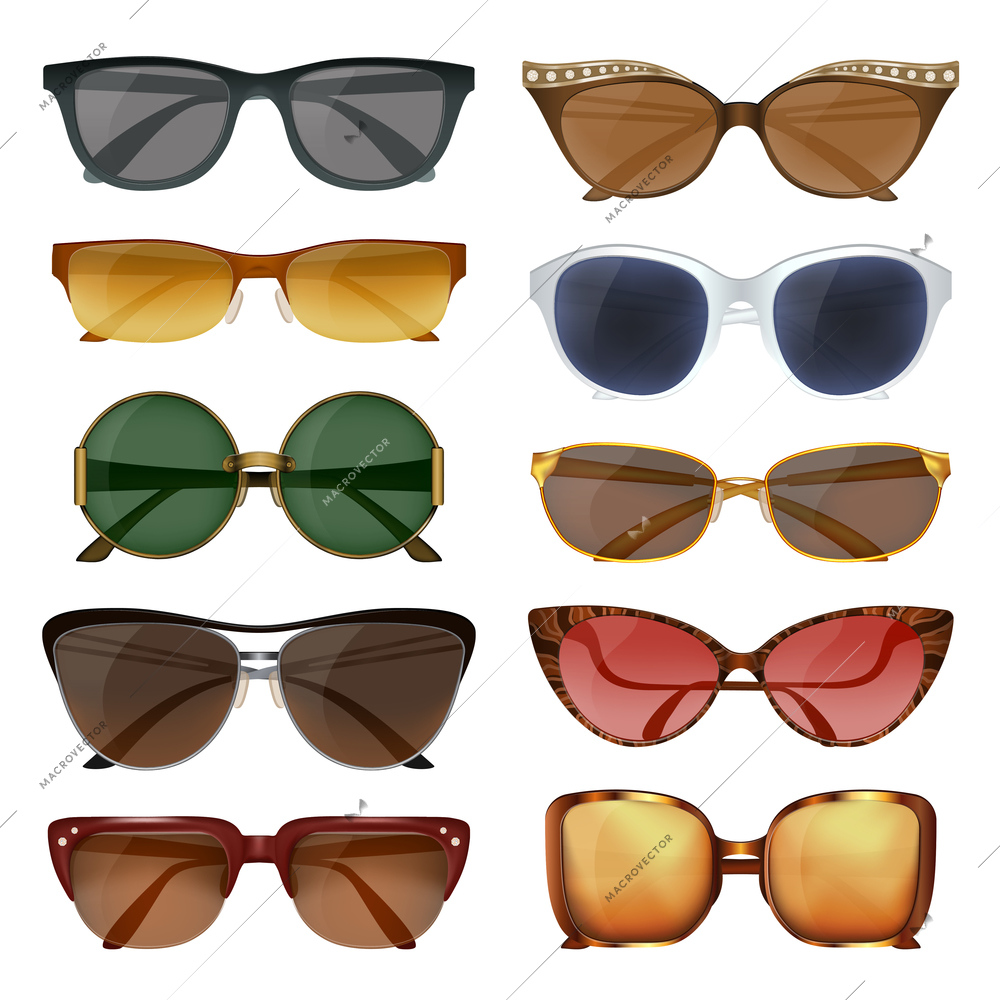 Big realistic set of colorful summer sunglasses for men and women isolated on white background vector illustration