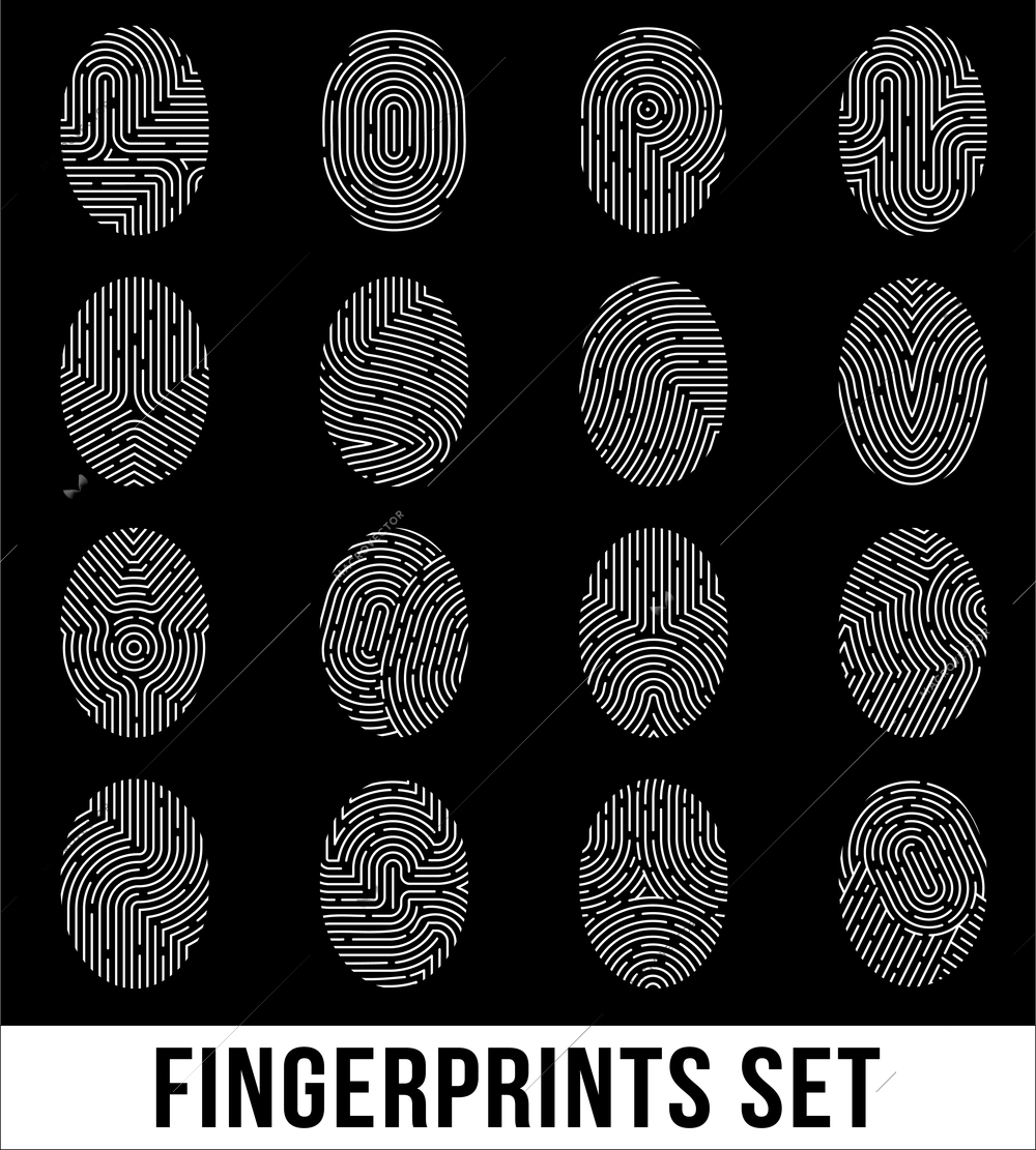 Set of fingerprints, biometric information with unique combinations of curve lines on black background isolated vector illustration