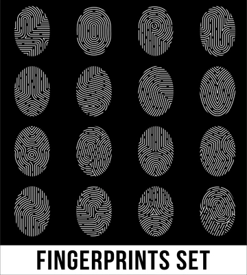 Set of fingerprints, biometric information with unique combinations of curve lines on black background isolated vector illustration