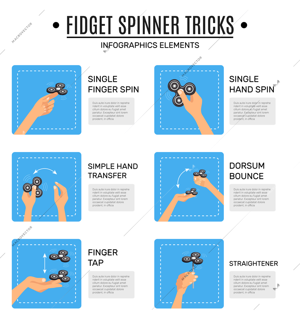 Fidget spinner stress relieving toy tricks infographic elements collection with flat icons and description text isolated vector illustration