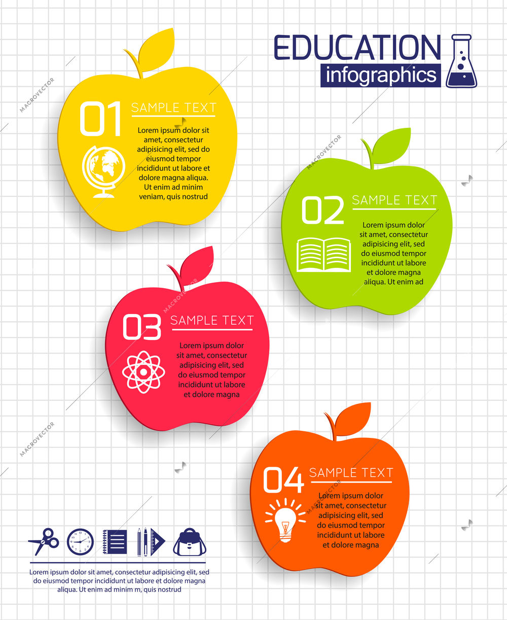 Apple education infographic set with school design elements vector illustration