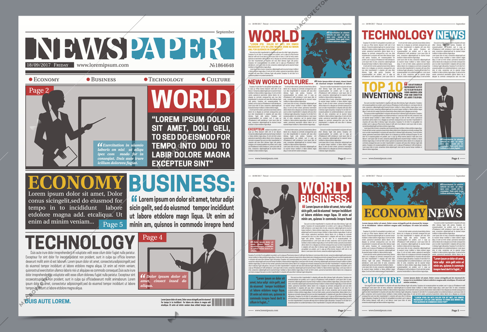 Newspaper online template design with world business economy and technology news headlines with silhouettes realistic vector illustration