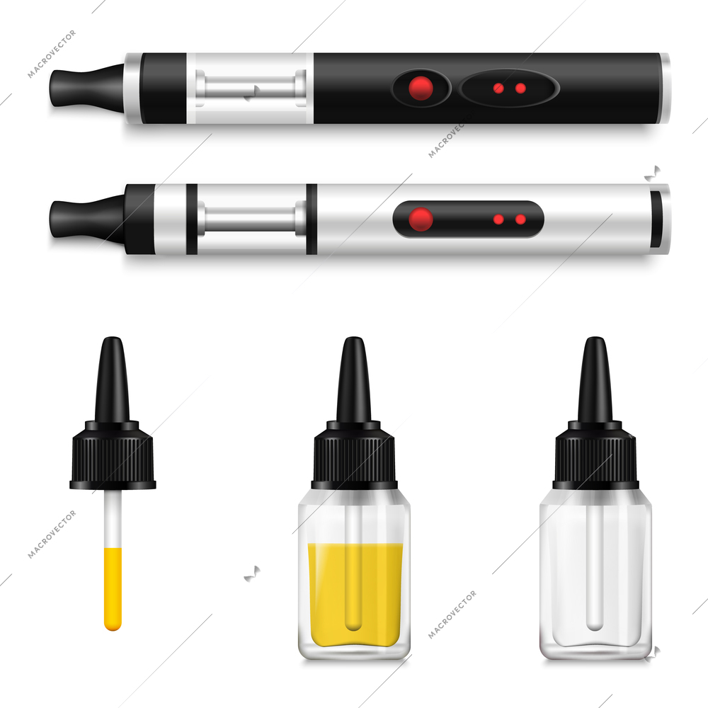 Smoking realistic set of vaping liquid and electronic cigarettes with full and empty vape bottles with dropper vector illustration