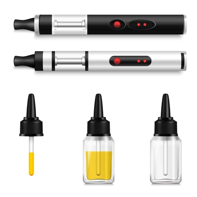 Smoking realistic set of vaping liquid and electronic cigarettes with full and empty vape bottles with dropper vector illustration