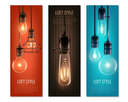 Set of vertical banners with glowing light bulbs in vintage style on colorful backgrounds isolated vector illustration