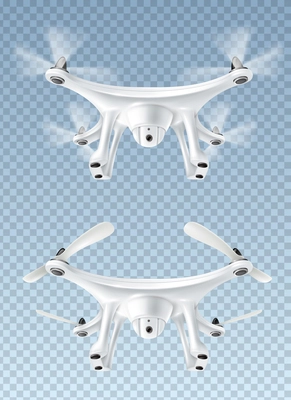 Two realistic modern flying drones isolated on transparent background vector illustration