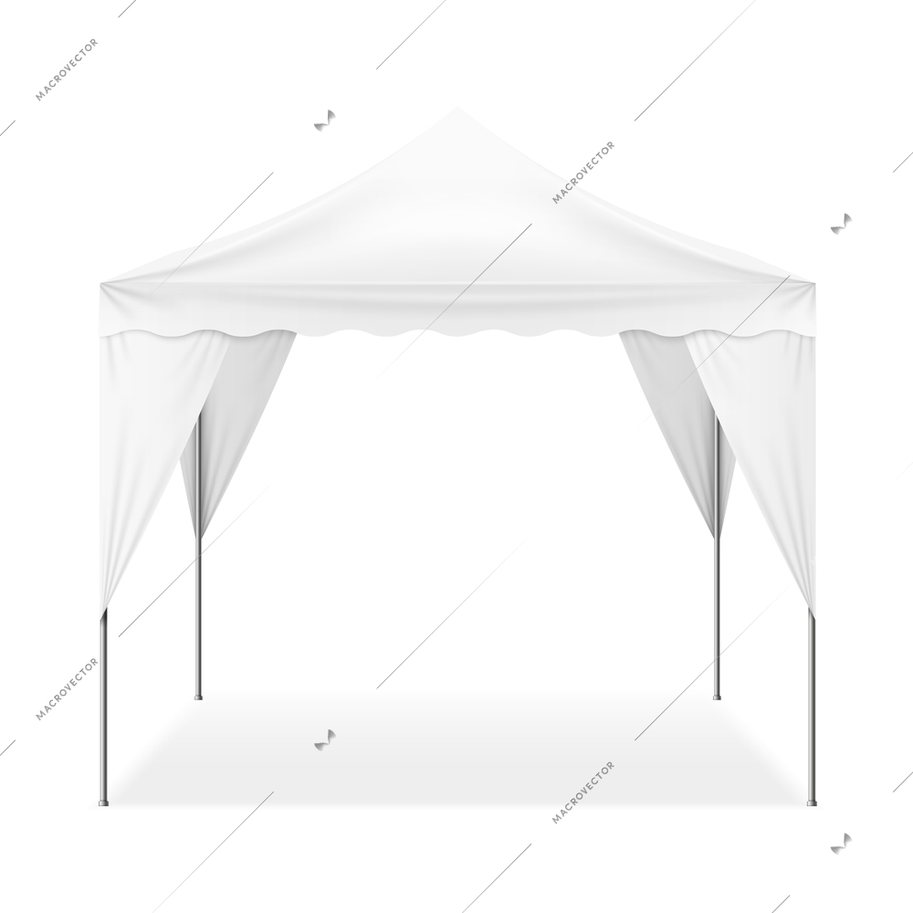 Realistic folding outdoor tent of square shape with metal poles isolated on white background 3d vector illustration