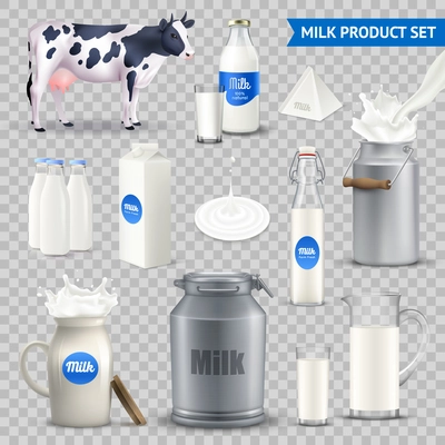 Set of milk product in various containers with cow, dairy splash isolated on transparent background vector illustration