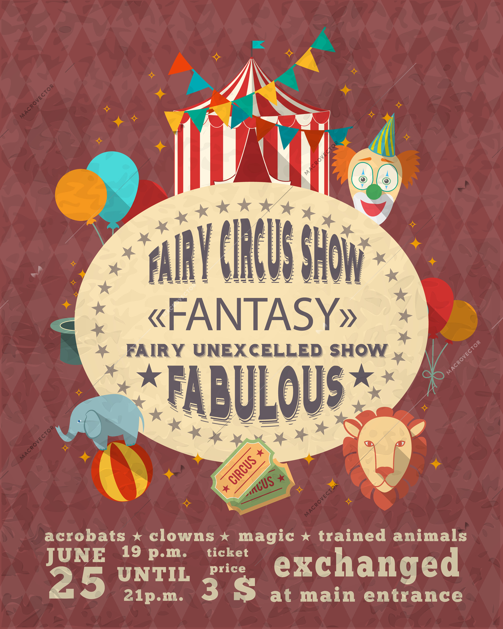 Decorative vintage travelling entertainment circus fabulous magic clown show performance advertisement template placard poster design vector illustration