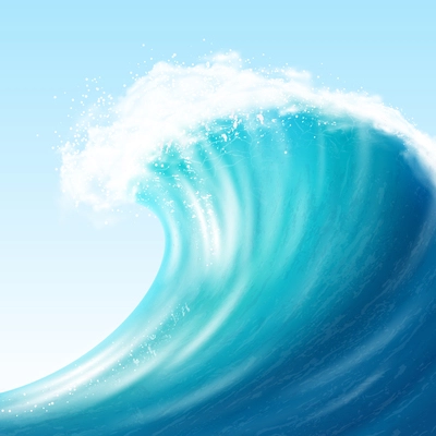 Realistic sea big wave with white foam on crest and splashes on blue background vector illustration