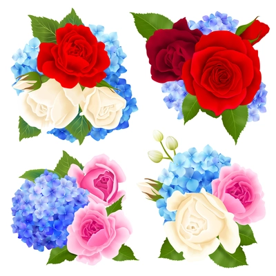 Rose bouquet concept icons set realistic isolated vector illustration