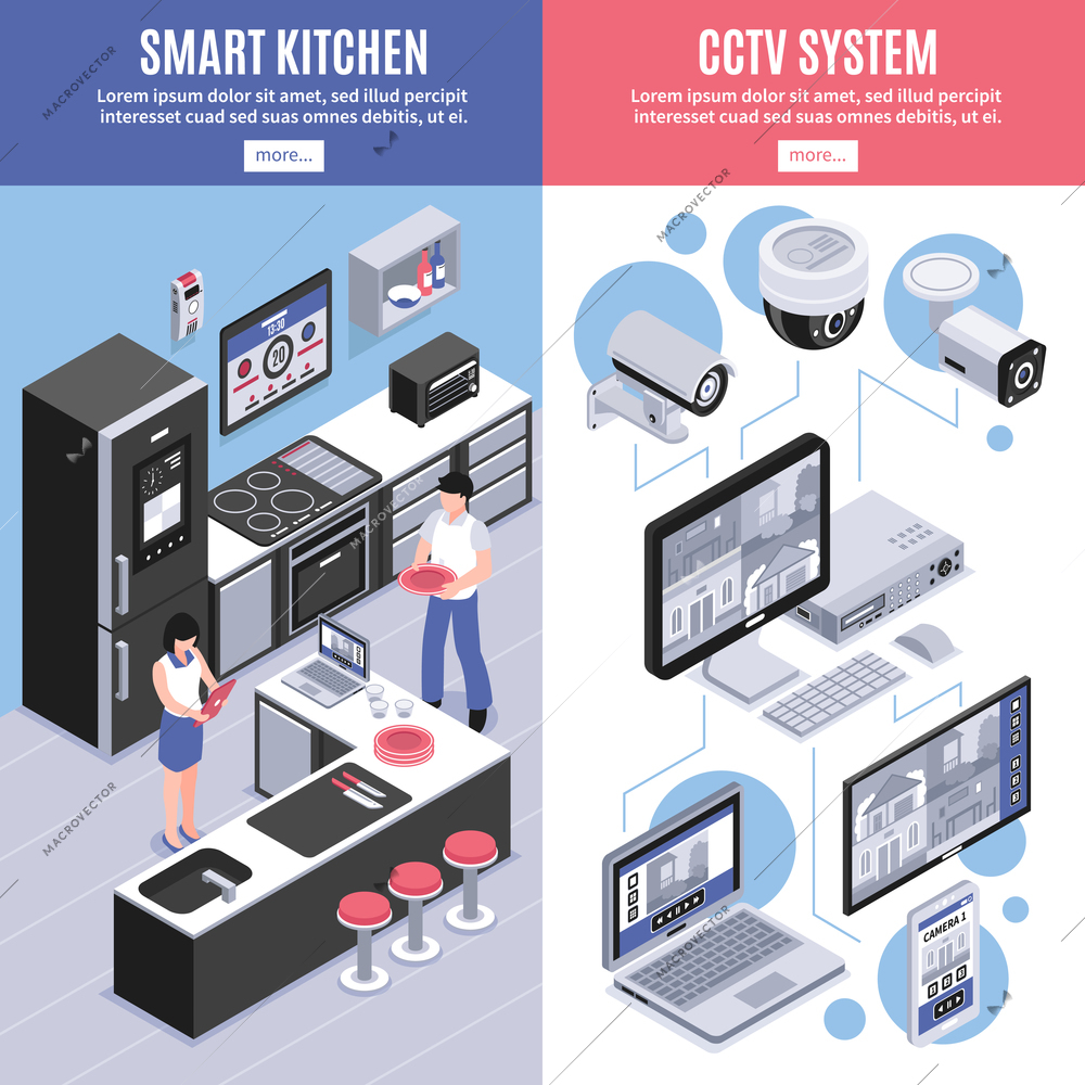 Two colored isometric smart home banner set with smart kitchen and cctv system descriptions vector illustration