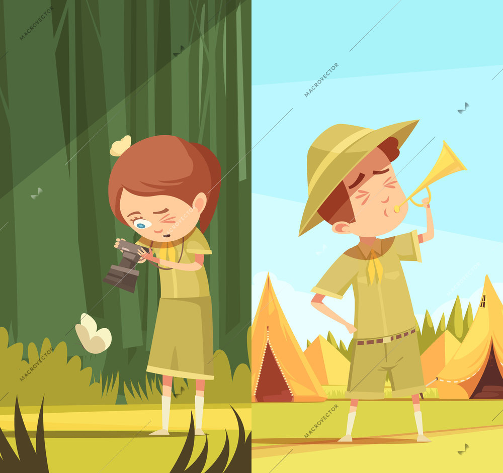 Scouting boys summer camp activities 2 retro cartoon vertical banners set with horn blowing isolated vector illustration