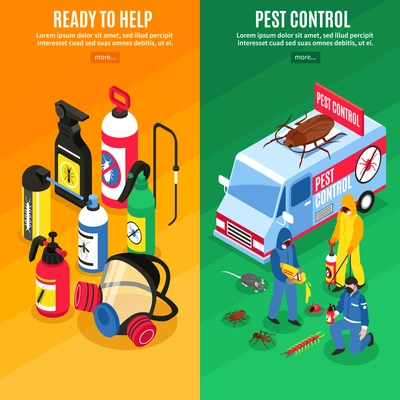 Colorful isometric vertical banners set with pest control service workers and their equipment isolated vector illustration