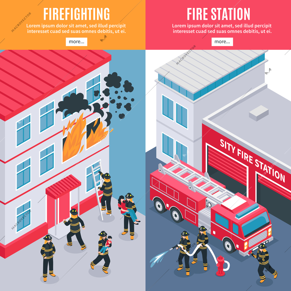 Isometric vertical firefighters and city fire station banners 3d isolated vector illustration