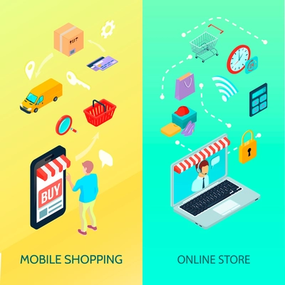 Shopping Ecommerce banner set with mobile shopping and online store descriptions vector illustration