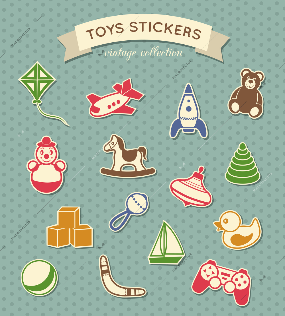 Kid children toys stickers vintage collection isolated vector illustration