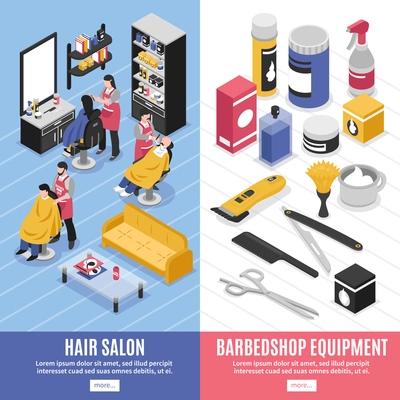 Salon equipment and hairdressers working at barbershop vertical banners 3d isolated vector illustration